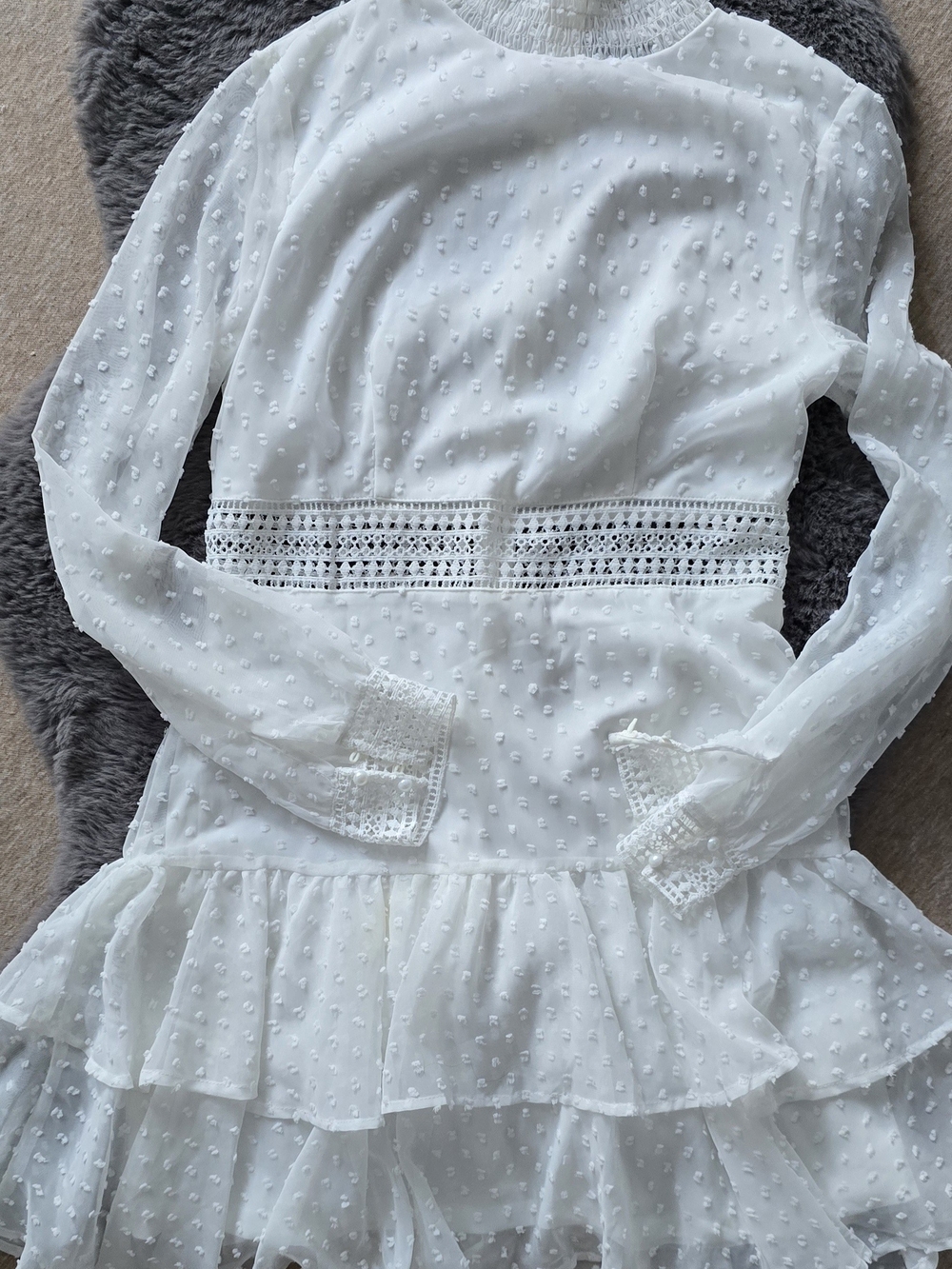 SHEIN White Swiss Dot Crochet-Waist Long Sleeve Midi Dress